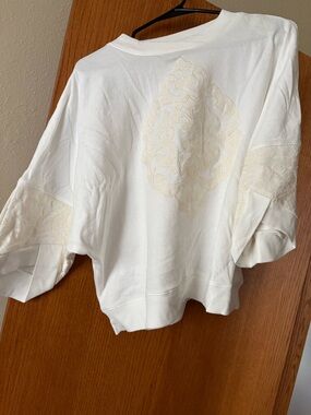 Democracy White Pullover Sweatshirt with Cream Embroidery